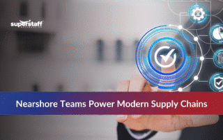 Professional accessing digital supply chain support system with quality assurance and tracking icons