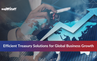 Global world map with city skyline overlay illustrating treasury management outsourcing benefits and worldwide reach