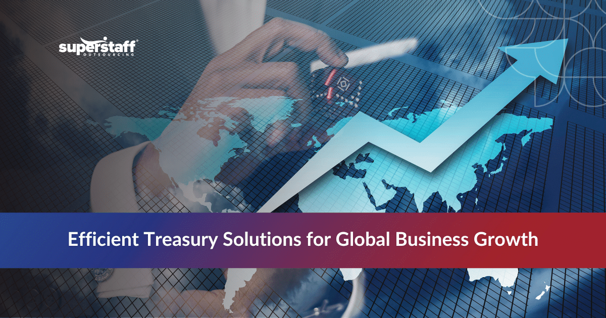 treasury Management_Featured Global world map with city skyline overlay illustrating treasury management outsourcing benefits and worldwide reach