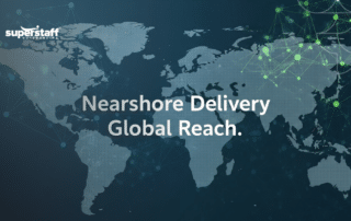 World map with network lines, showcasing global connectivity and offshore outsourcing solutions.