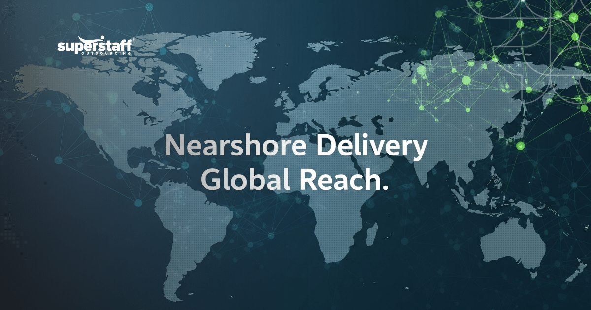 World map with network lines, showcasing global connectivity and offshore outsourcing solutions.