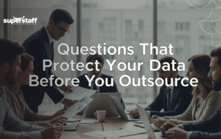 Data security outsourcing concept with professionals reviewing contracts