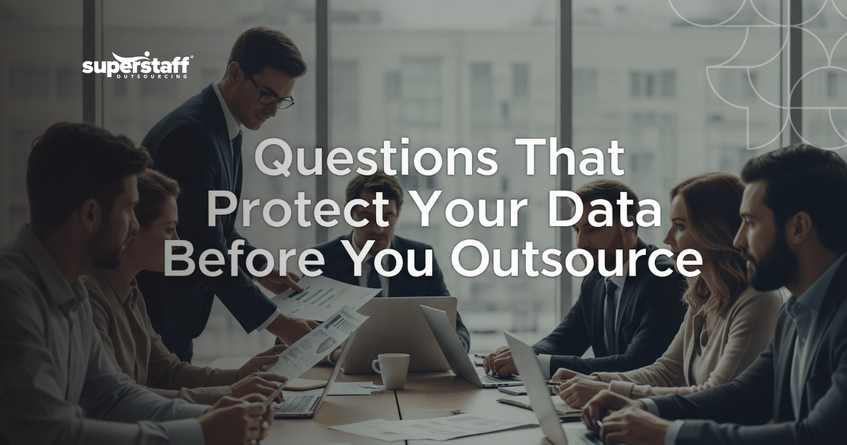 Data security outsourcing concept with professionals reviewing contracts