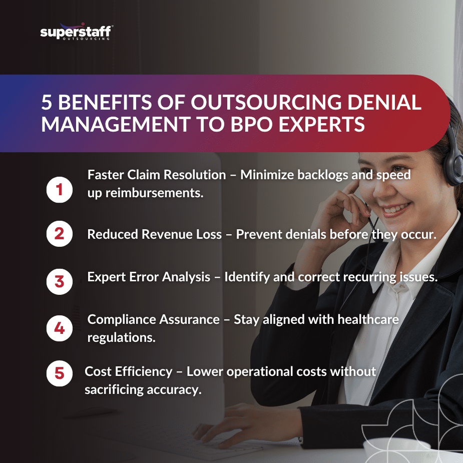Denial Management_MI Outsourcing denial management benefits infographic with BPO expert on phone handling healthcare claims