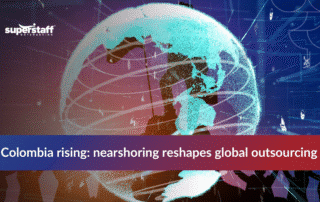Global connections symbolizing the growth of Colombia nearshoring hubs as businesses adapt to outsourcing shifts and regional workforce strategies.