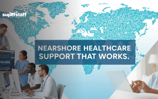 Medical professionals and a smiling patient showcasing effective global healthcare services through technology.