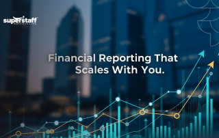 A rising financial growth graph over a city skyline, illustrating scalable outsourced financial reporting solutions.