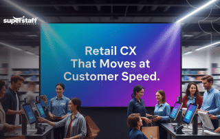 Staff assisting shoppers at digital kiosks, illustrating effective retail customer experience outsourcing.