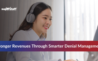 Outsourcing denial management benefits infographic with BPO expert on phone handling healthcare claims