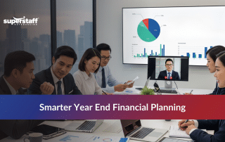 A professional team reviewing data charts and a remote colleague to discuss year end financial planning.