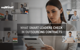 Business team reviewing outsourcing contracts before signing