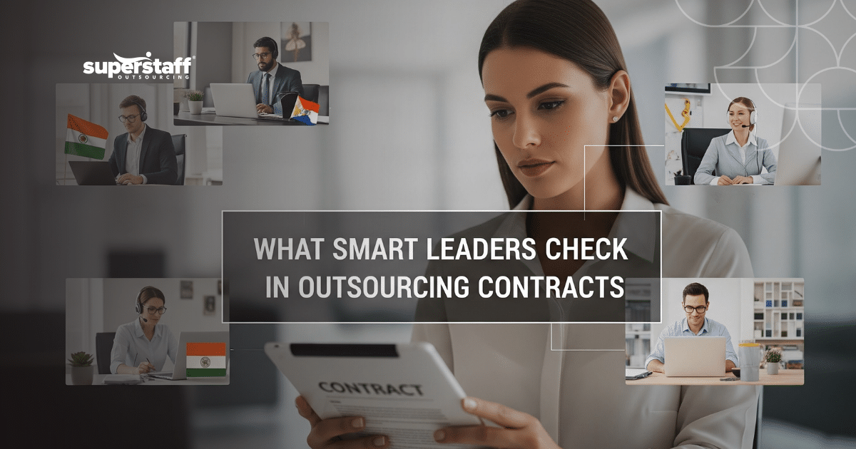 Business team reviewing outsourcing contracts before signing