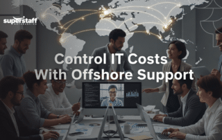 A corporate team in a meeting room with a remote colleague on screen, demonstrating global offshore it outsourcing.