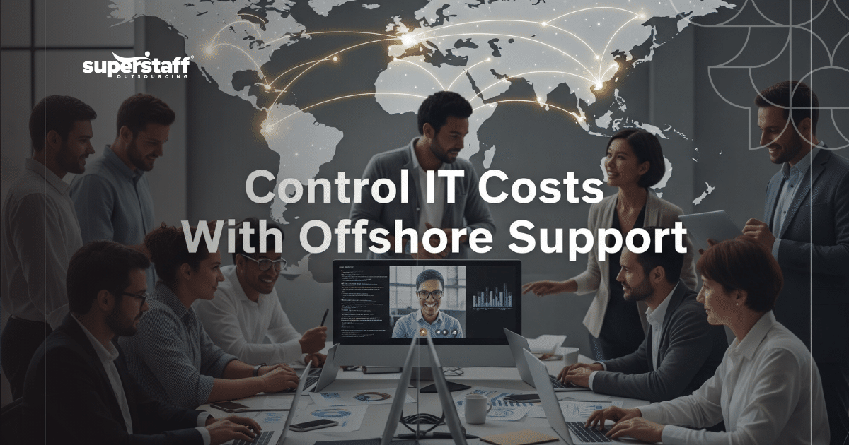 A corporate team in a meeting room with a remote colleague on screen, demonstrating global offshore it outsourcing.