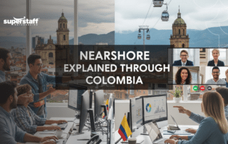 Teams in a Colombia office and via video call help define nearshore operations for global business collaboration.
