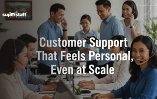 Smiling support agents working together to provide a personal human touch in customer service at scale.