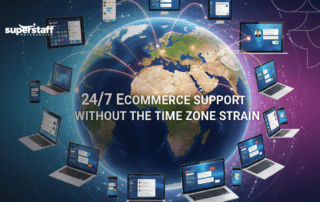 Agents in an ecommerce customer service call center assisting online shoppers 24/7