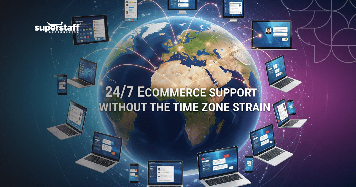 Agents in an ecommerce customer service call center assisting online shoppers 24/7