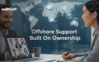 A global team collaborating via video call, highlighting the connectivity of managed services outsourcing.