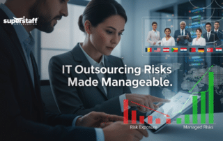 A professional points to a chart showing risk exposure, a notable disadvantage of IT outsourcing.