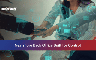 A team huddling with digital data overlays to provide efficient outsource back office support.