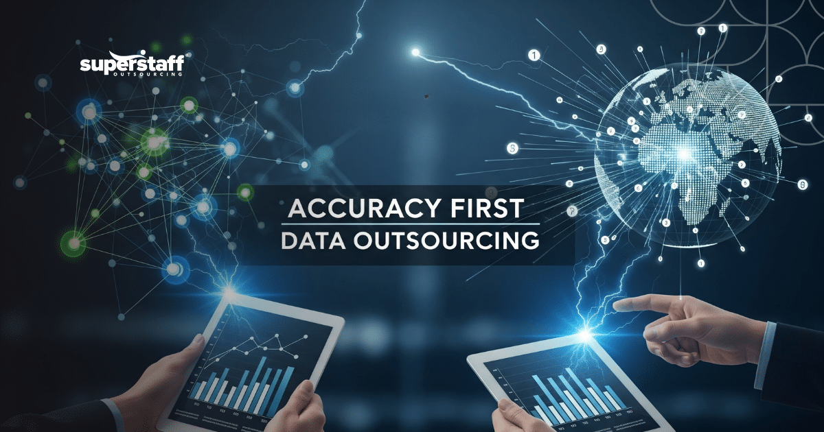 Team managing data processing outsource tasks for accurate business data