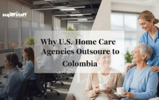 Agents with headsets and a caregiver assisting seniors, representing a reliable home care answering service.
