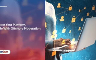 Person uses a laptop with glowing lock and user icons, representing efficient outsource content moderation services.