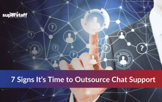 Professional interacts with a digital network of icons to determine when to outsource chat support.