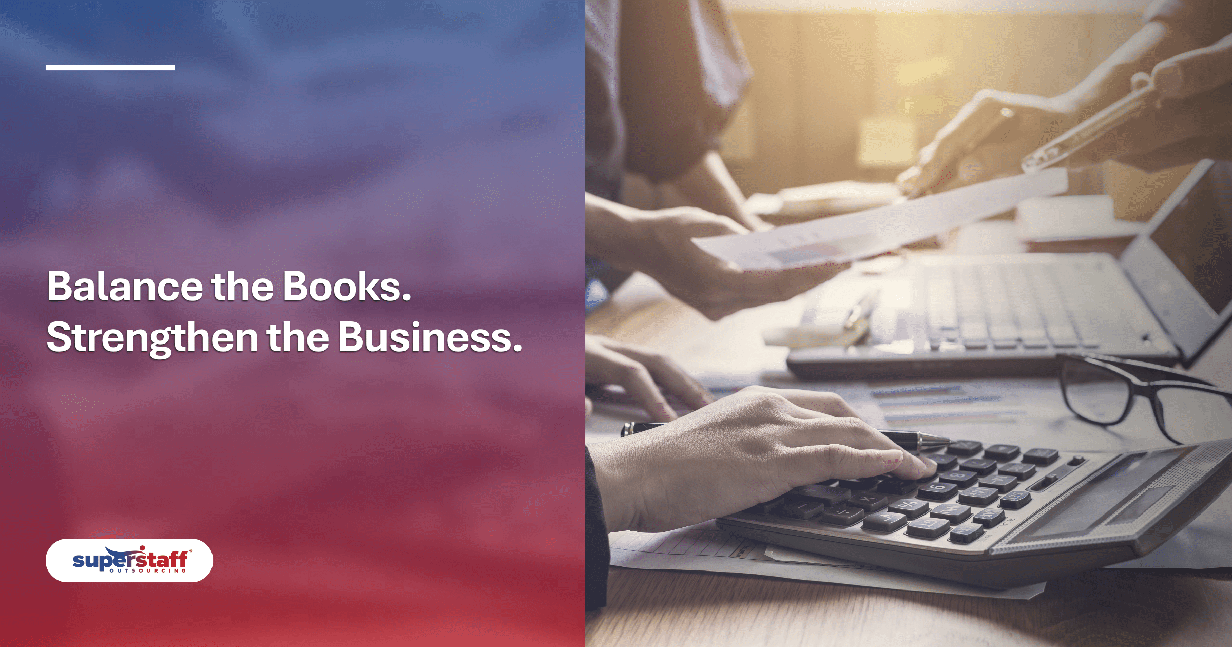 An accountant uses a calculator and pen for accounts payable vs receivable management at a modern desk.