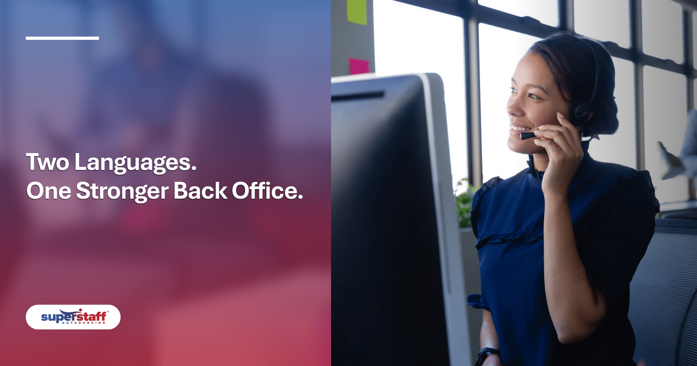 A smiling professional with a headset at her computer, representing efficient back office staffing solutions.