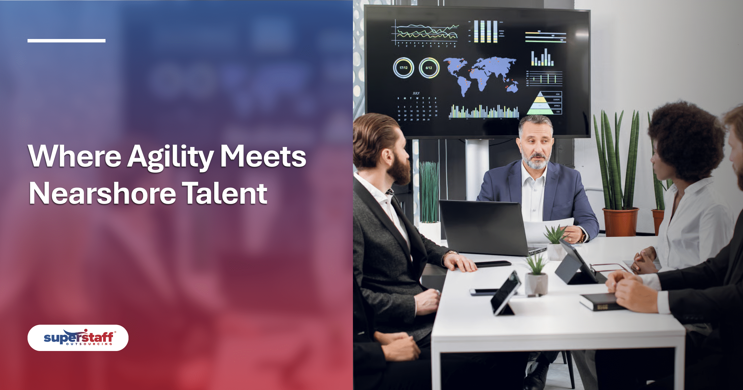 Diverse team in a boardroom discusses data, demonstrating effective colombian outsourcing solutions.