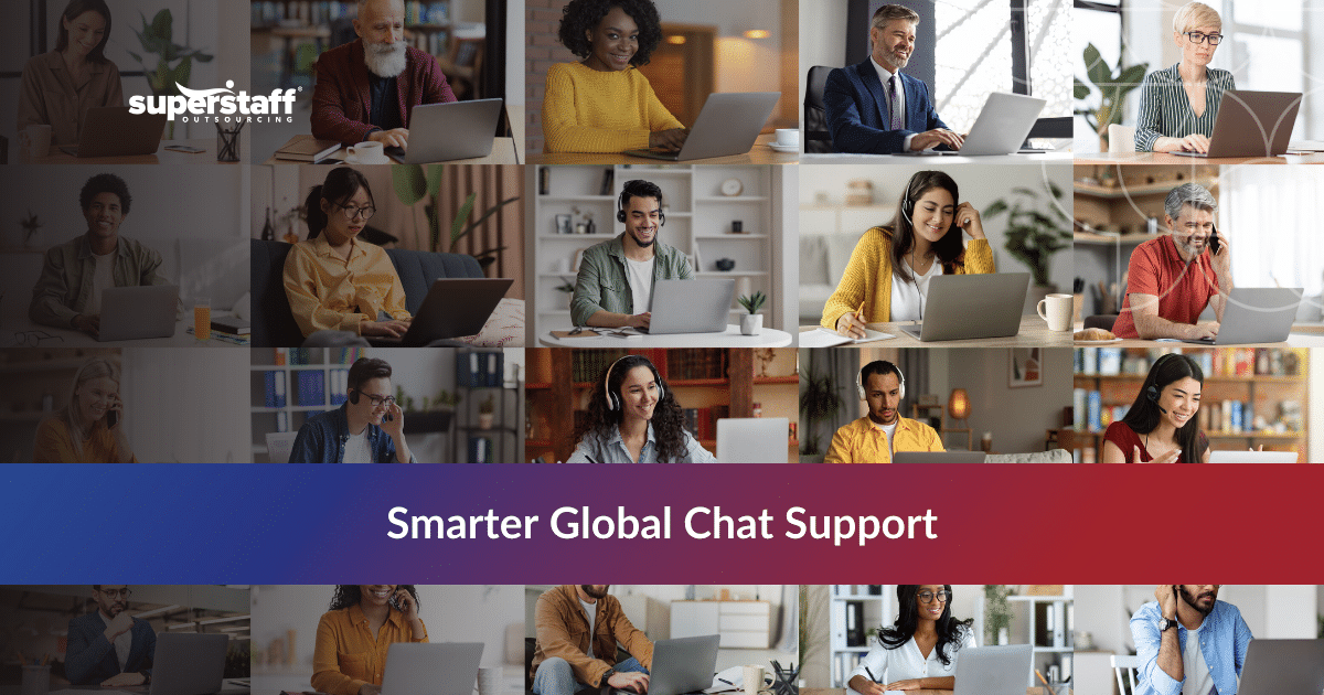 A grid of diverse global agents working on laptops to provide efficient chat support outsource services.