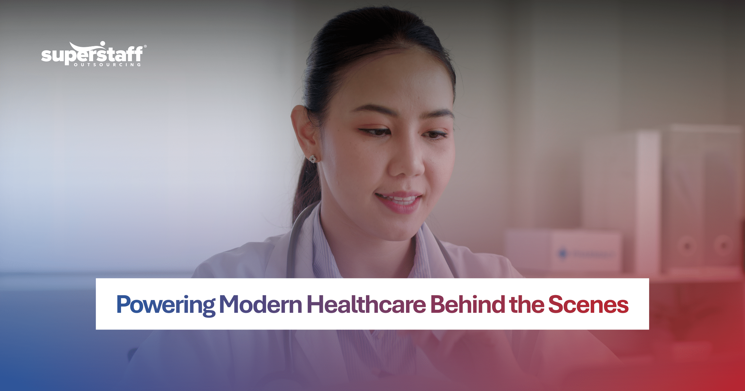 Healthcare professional in a white coat smiling at a computer for filipino virtual medical assistants.