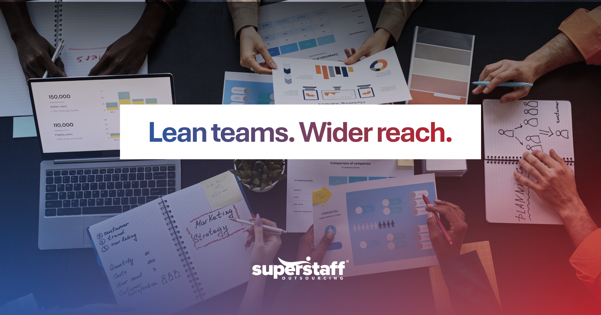 Lean teams. Wider reach Team collaborating on strategy and data reports for effective outsourcing digital marketing services.