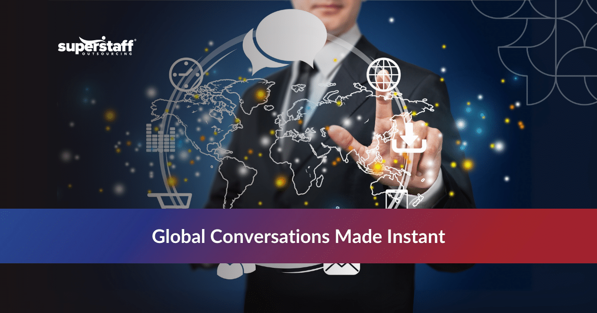 Professional interacting with a digital globe representing live chat services with multilingual support.