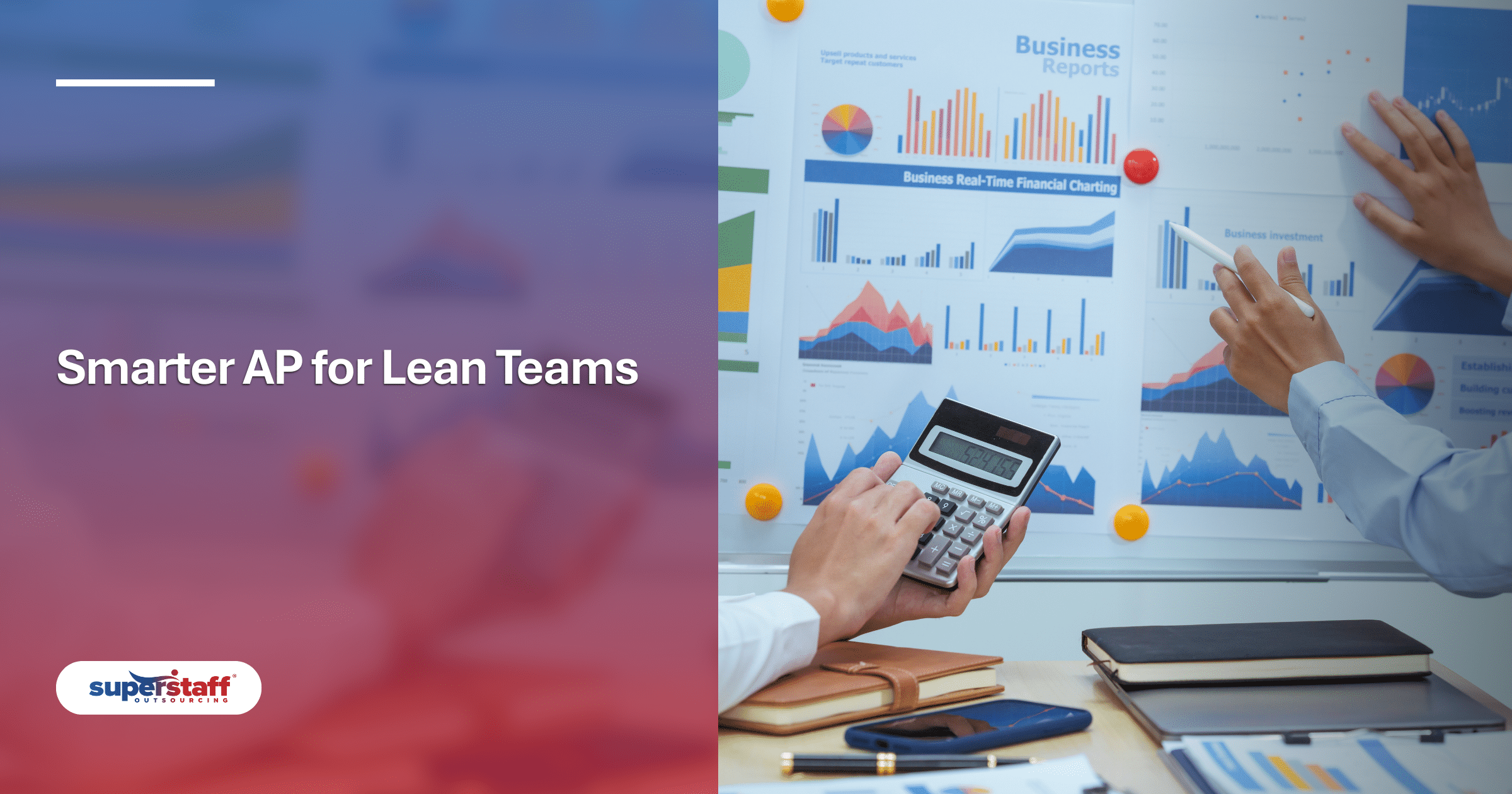 A professional account payable specialist analyzes financial charts and uses a calculator to manage lean operations.
