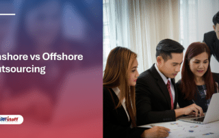 A team of professionals reviews data on a laptop, evaluating onshore business process outsourcing strategies.