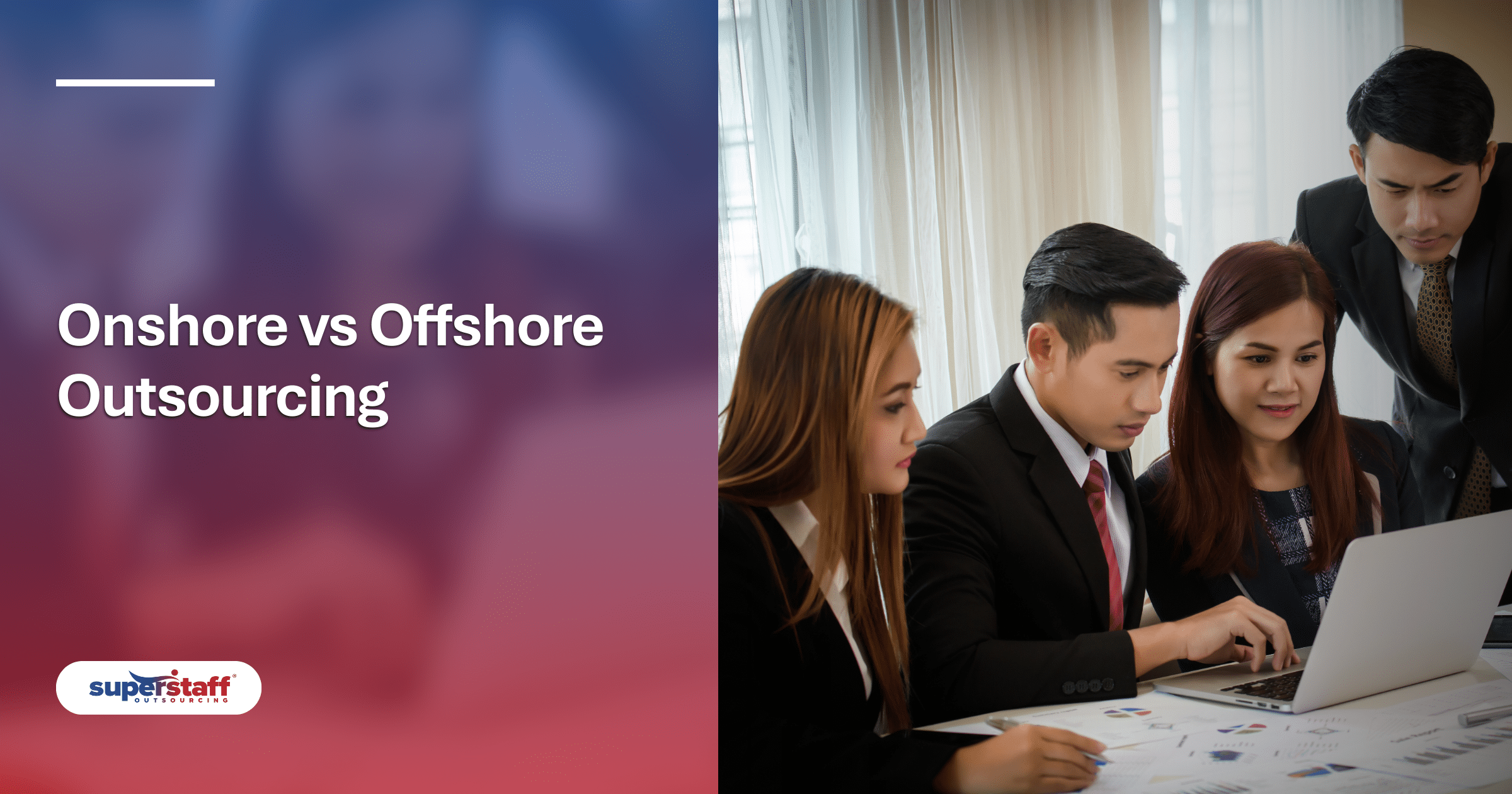 A team of professionals reviews data on a laptop, evaluating onshore business process outsourcing strategies.