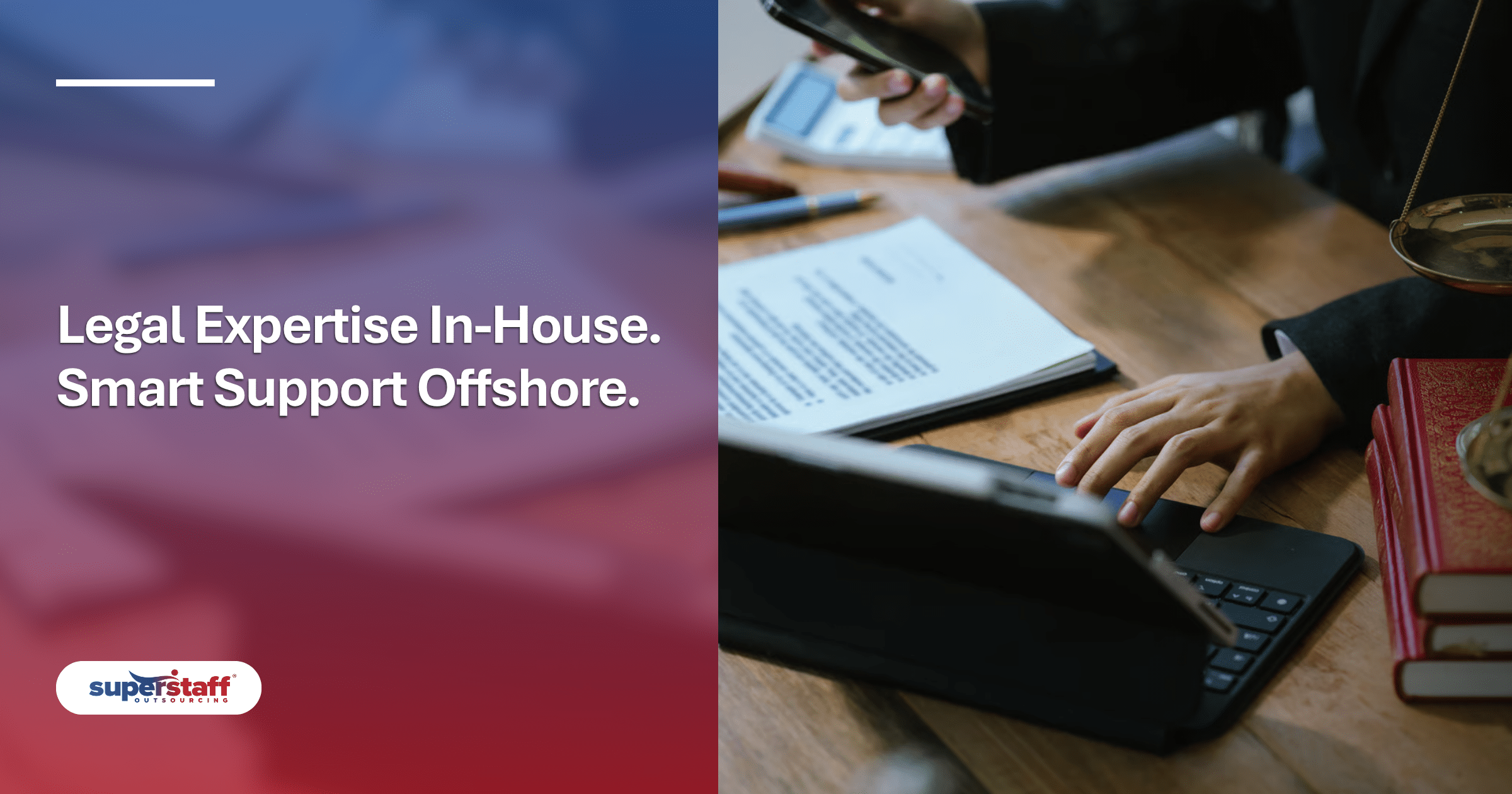 A gavel on a wooden desk next to a law book, symbolizing professional outsourcing services for law firms.