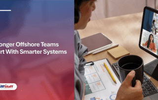 A remote team member works on a laptop using essential remote working productivity tools to stay connected.