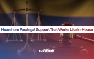 Legal professionals using outsourced paralegal support in Colombia to improve law firm efficiency and manage legal tasks