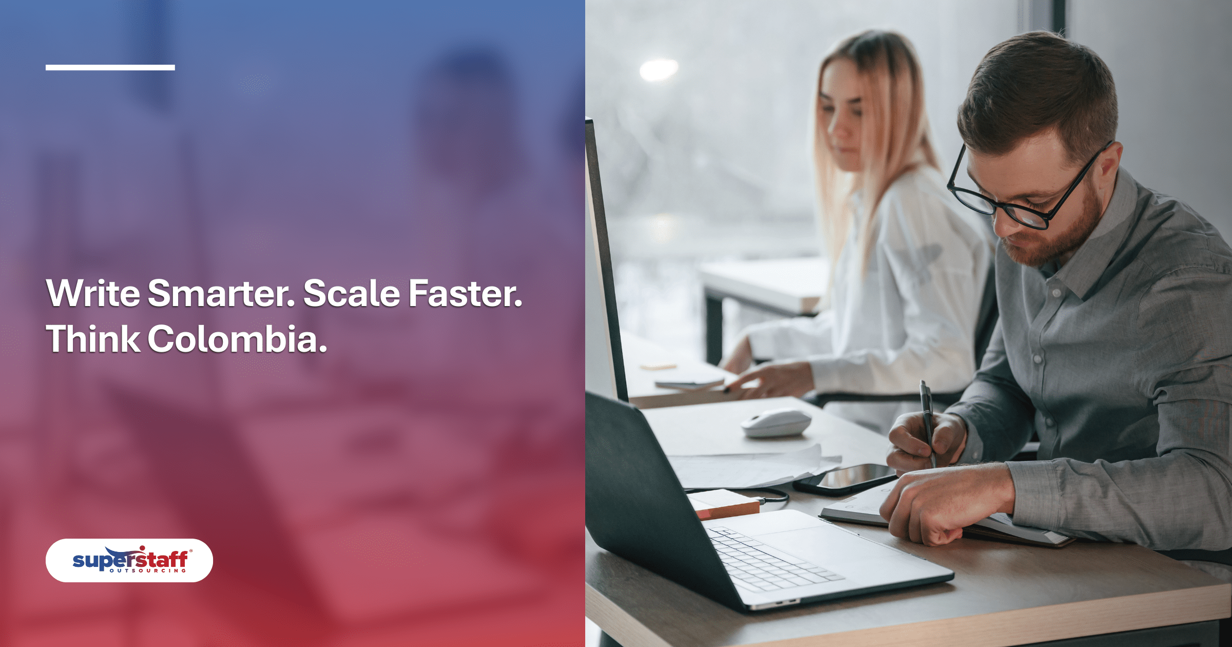 A professional writer with glasses takes notes at his desk, highlighting reliable outsourcing technical writing services.