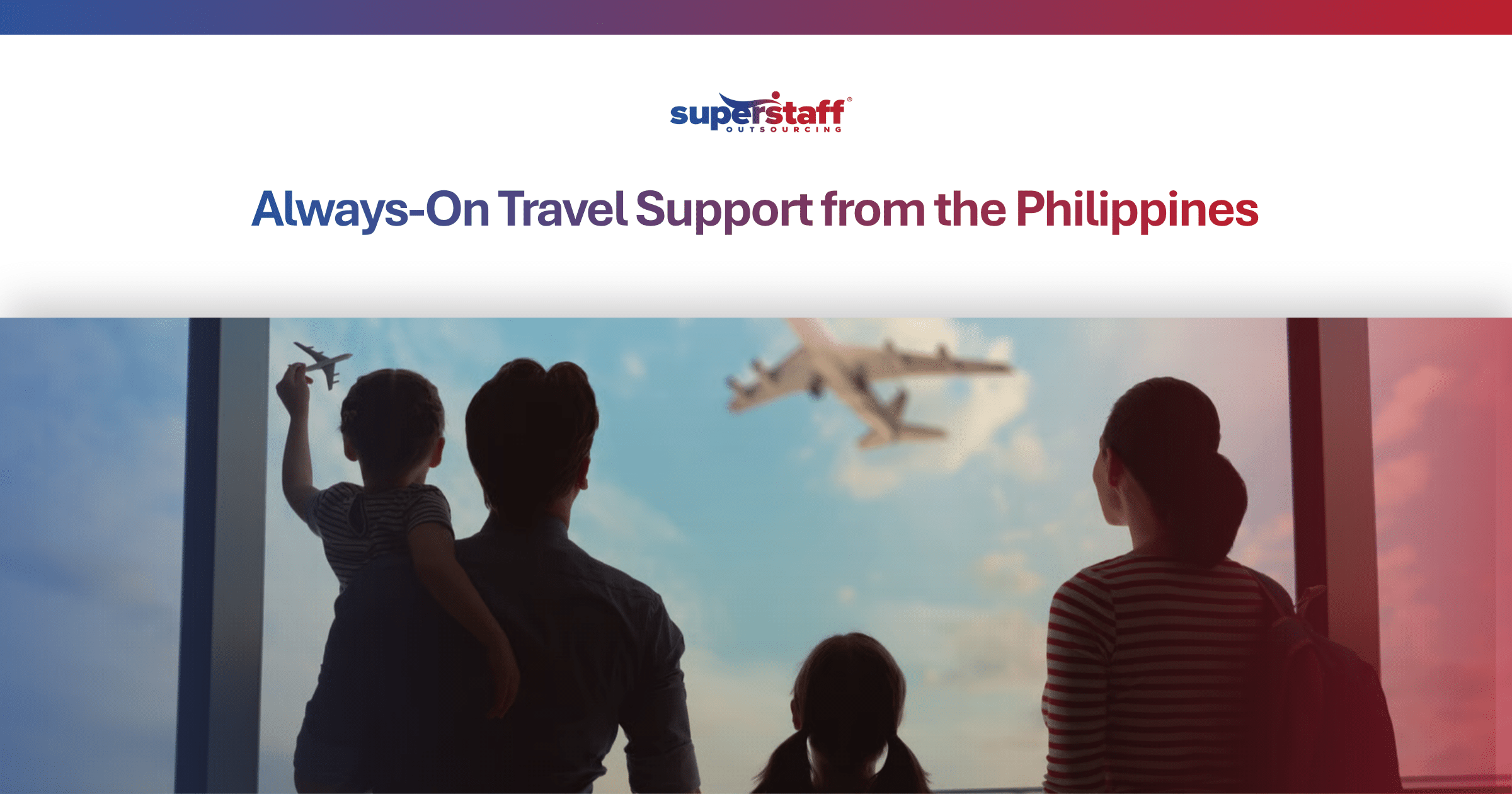 A family looks out an airport window at a flying plane, representing reliable global traveler assistance services.