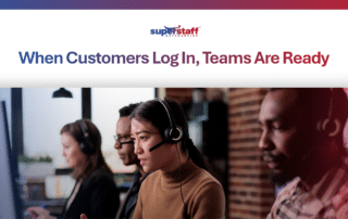 Support agents wearing headsets work at computers, providing 24/7 global digital customer support.