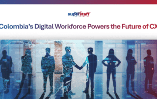 Digital workforce silhouettes and a globe for Colombia CX outsourcing news