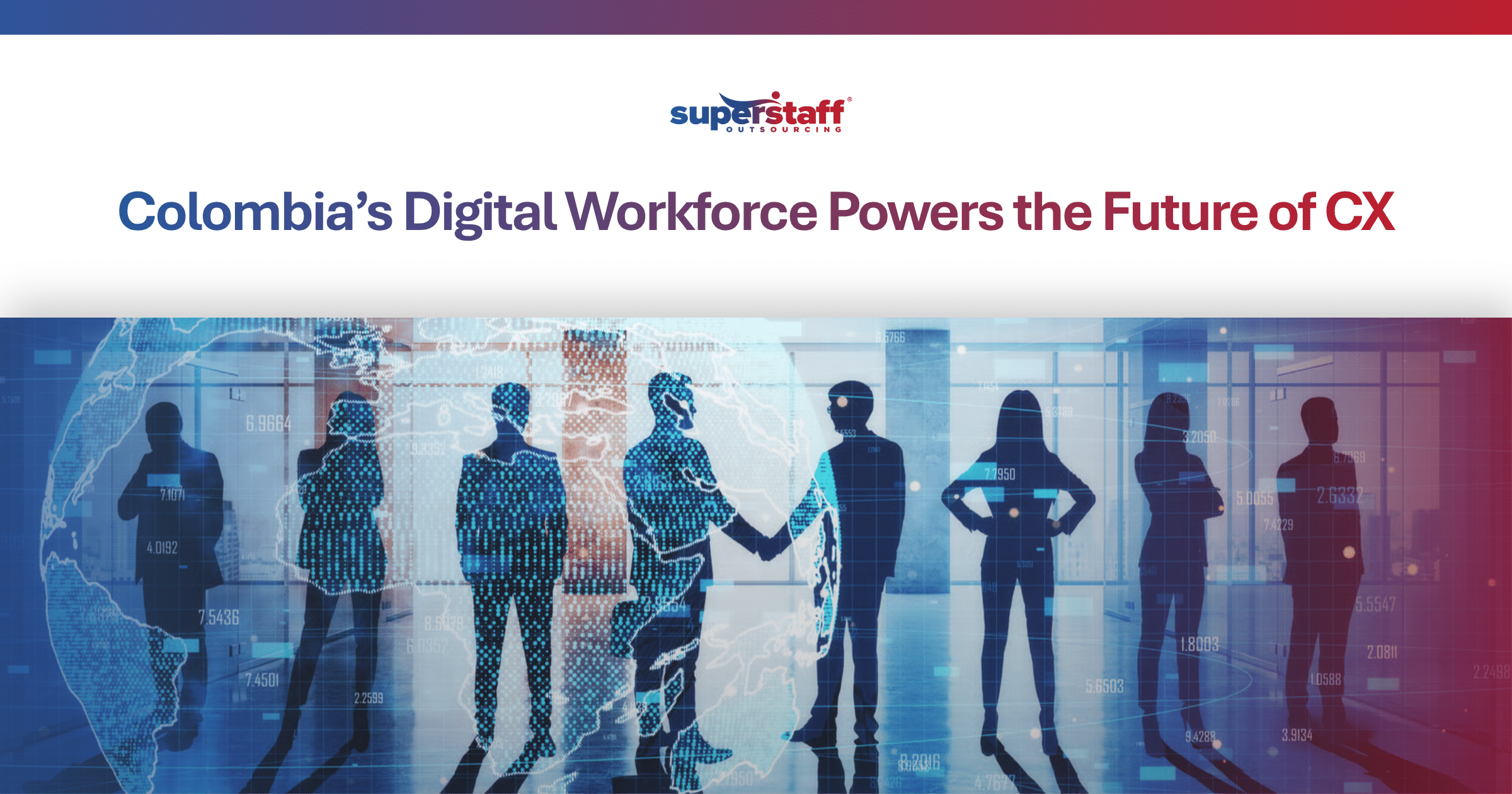 Digital workforce silhouettes and a globe for Colombia CX outsourcing news