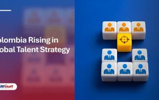 Person-icon blocks and a target symbol illustrating global talent trends for nearshoring to Colombia.