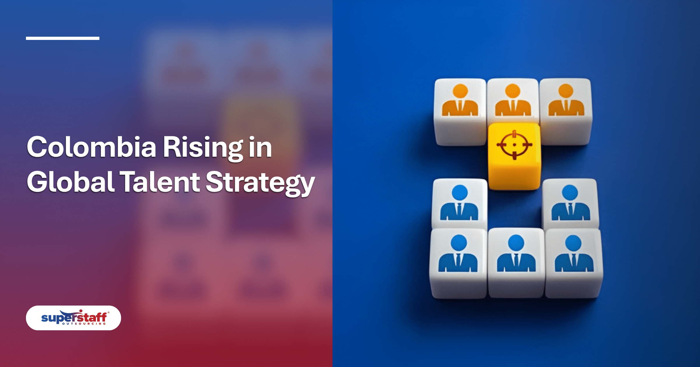 Person-icon blocks and a target symbol illustrating global talent trends for nearshoring to Colombia.