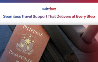 A traveler smiles while using her phone at an airport terminal, highlighting excellent travel customer support.